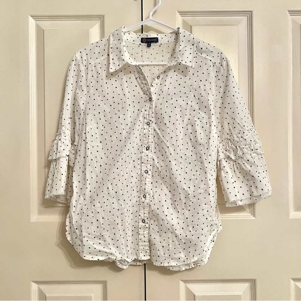 Democracy white cotton button down navy star print 3/4 ruffle sleeve top size S